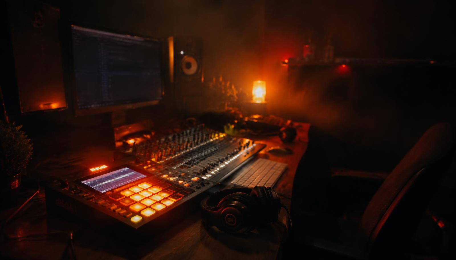 Glowing music studio at night